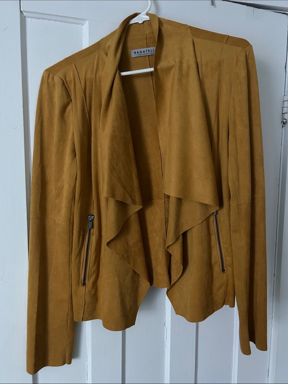 bagatelle Draped Suede-Like Open Front Jacket in Mustard